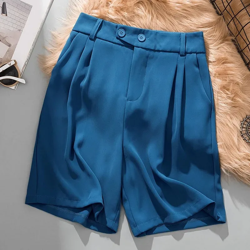 

Women's High-Waisted Pleated Suit Shorts Knee-Length Casual Trousers with Pockets