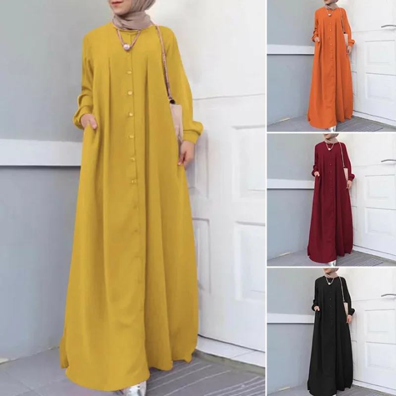 2025 Ramadan Prayer Dress Muslim Abayat Dress Loose Temperament Robe Femme Muslim Solid Color Commuter Women's Dress Wholesale