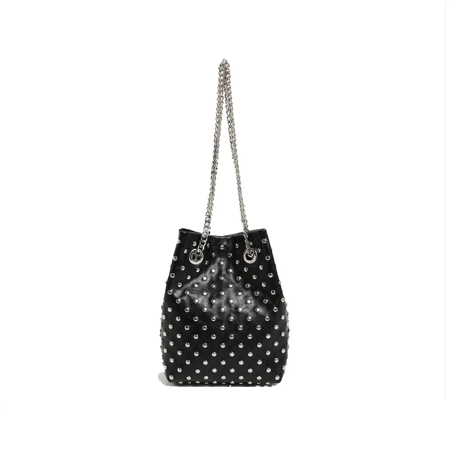 

Punk-style Personalized Rivet Drawstring Bucket Bags Shopping Tote Bag PU Leather Women's Handbag Satchel Chains Shoulder Bags