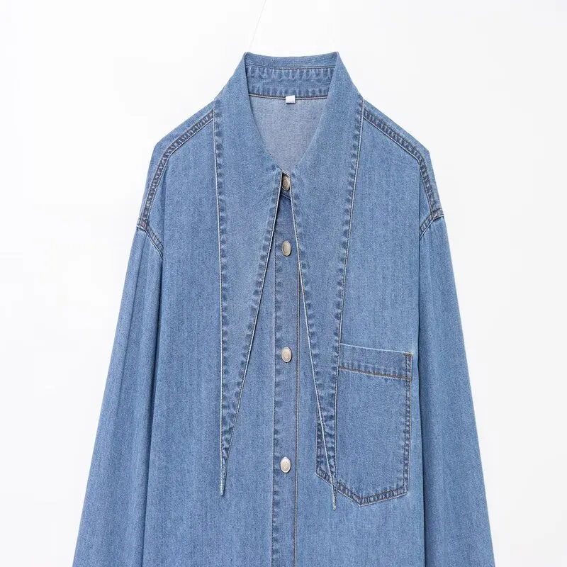 

Весна 202, женский джинсовый галстук irt с винтажным воротником, длинный све, Новое поступление, свободный крой, универсальный, обычная длина све