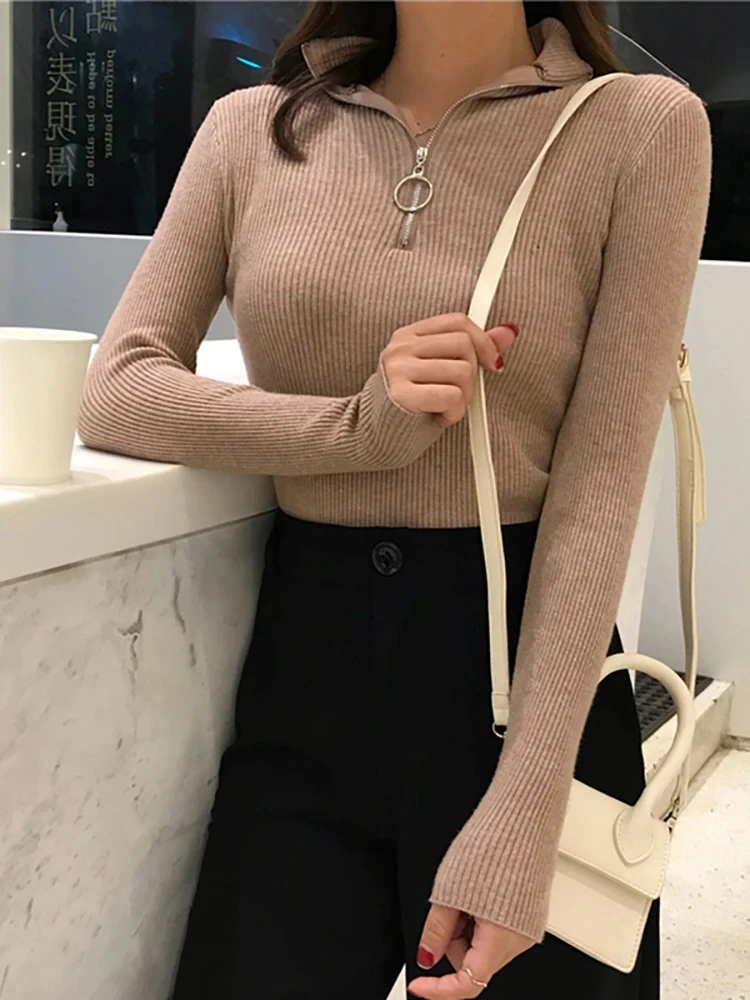 2024 Knitted Women Zipper High Neck Sweater Pullovers Turtleneck Autumn Winter Basic Women Sweaters Slim Fit Black Pull Femme