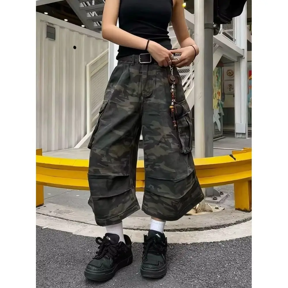 

American Workwear Camouflage Wide Leg Pants Casual Loose Straight Multi Pocket Design Women's Long Trousers Couple Match