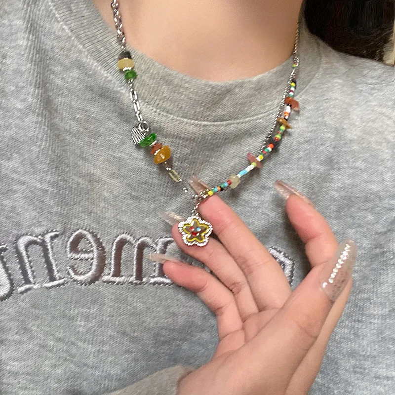 PANJBJ 925 Sterling Silver Colored Stones Satr Drip Glaze Necklace For Women Girl Ins Kpop Double Layer Jewelry Dropshipping image 6
