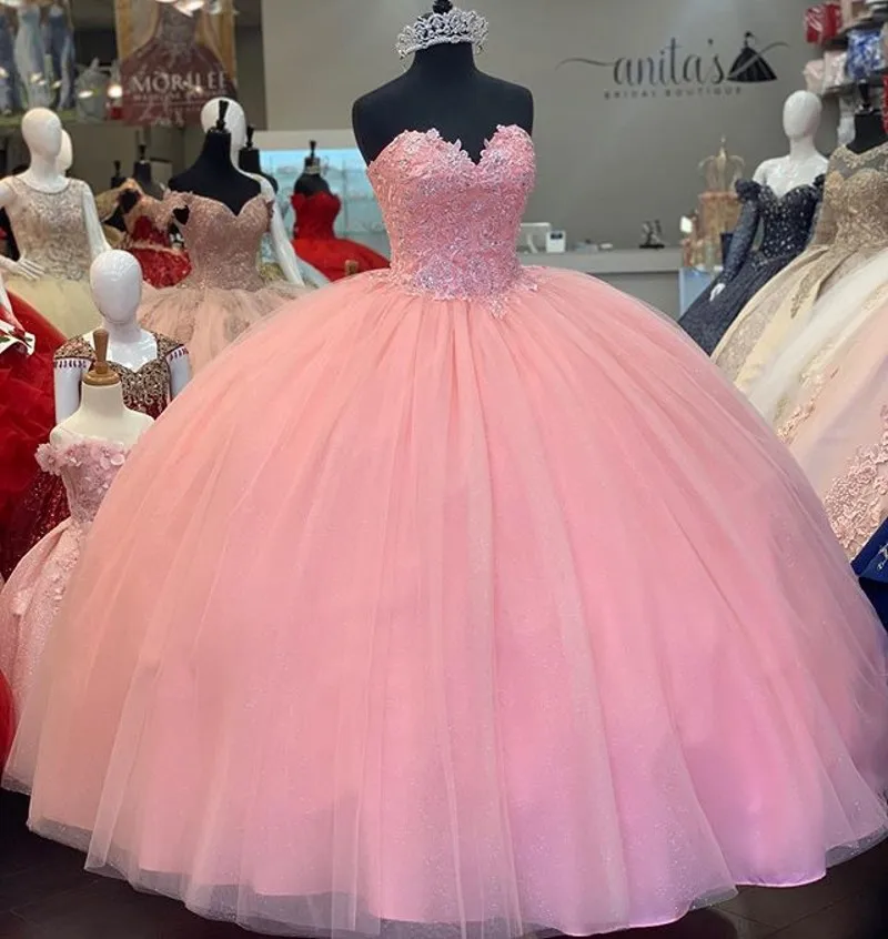 

ANGELSBRIDEP Pink Ball Gown Quinceanera Dresses Sweet 16 Sweetheart Long Lace Applique Ruffle Formal Birthday Party Gowns