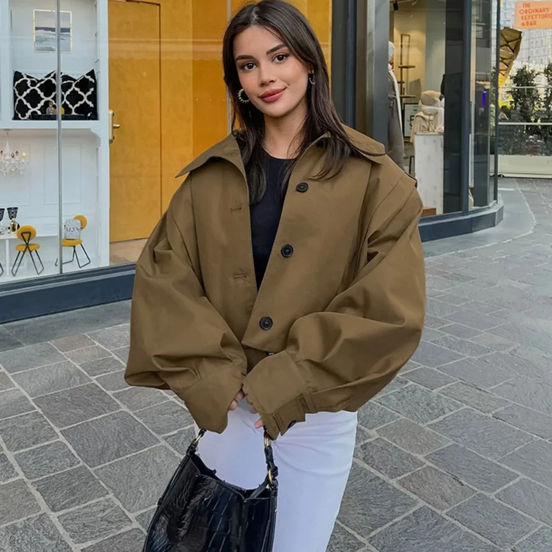 Talenza Women Jackets Brown Pleated Jacket Spring Autumn 2025 Cropped Bomber Button Long Sleeve Coats Outerwears Aviator Jackets