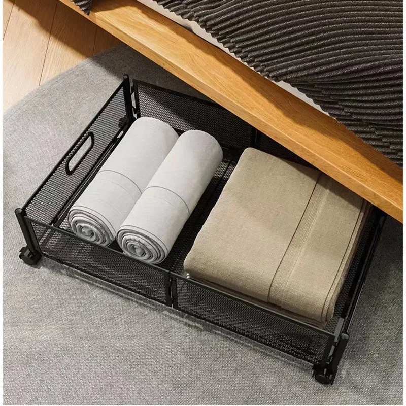 Foldable iron bed bottom mobile storage box with pulleys, clothing and toy cabinet, sofa storage shelf