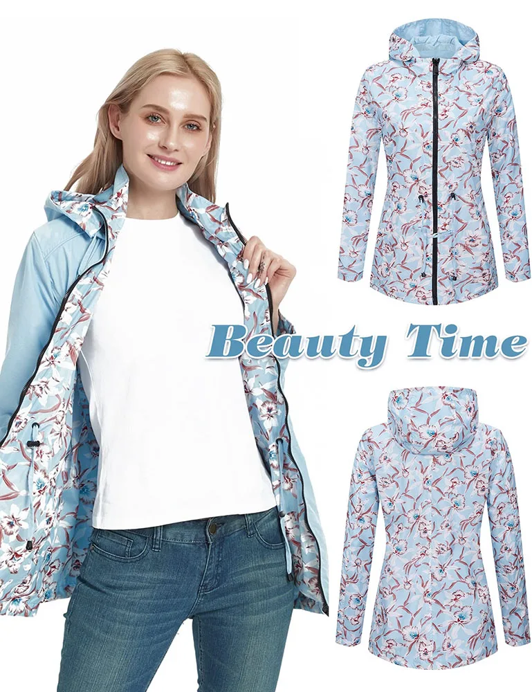 Giolshon Women Hooded Jackets Spring Autumn Floral Causal Windbreaker Basic Coats Double Sided Zipper Lightweight Jackets