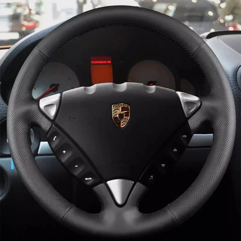 

100% Fit For Porsche Cayenne 2003-2010 Auto Parts Hand-stitched black Genuine Leather wear-resistant car steering wheel cover
