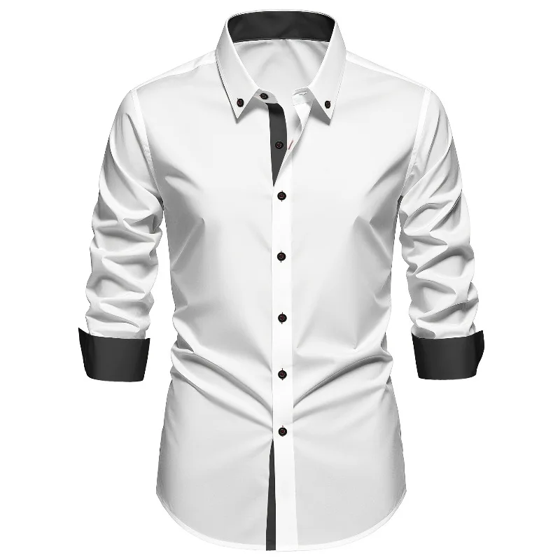 FGKKS Men Shirt Brand New High Street Patchwork Long Sleeve Smart Casual Micro Elastic Man Business Dress Shirts