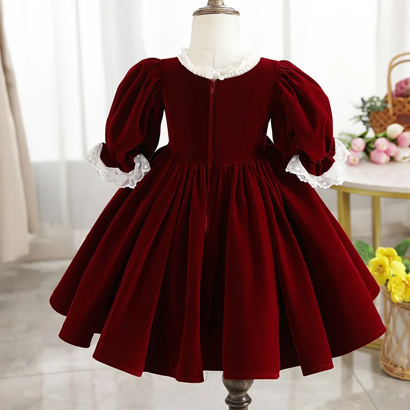 Baby Girl Princess Velvet Lace Dress Puffy Sleeve Elegant Child Vintage Vestido Xmas Party Pageant Birthday Baby Clothes 2-12Y