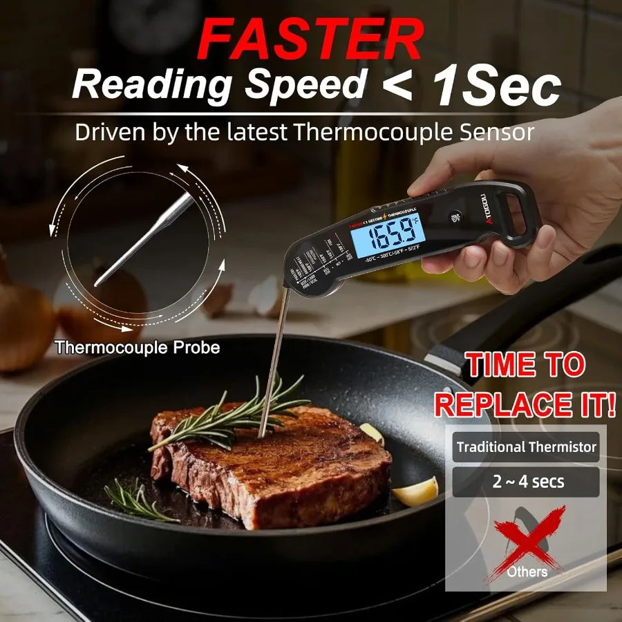 Professional Food Meat Thermometer with 1 Second Instant Read and 0.5 Accuracy Using Thermocouple Sensor IP67 Waterproof Digita