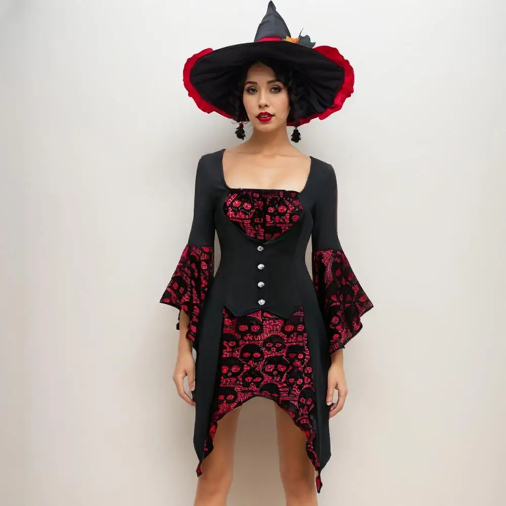 Low-cut Dress Vintage Halloween Cosplay Dress with Skull Pattern Lace Tie-up Strap for Women Irregular Cuff Hem for Performance