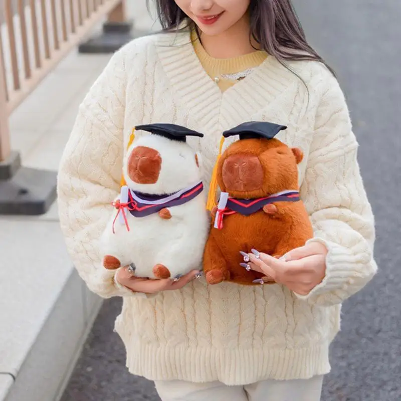 Stuffed Capybara Toy Black Graduation Cap Capybara Doll Soft Animal Sleeping Hugging Pillow For Tablet Sofa Bedroom Living Room