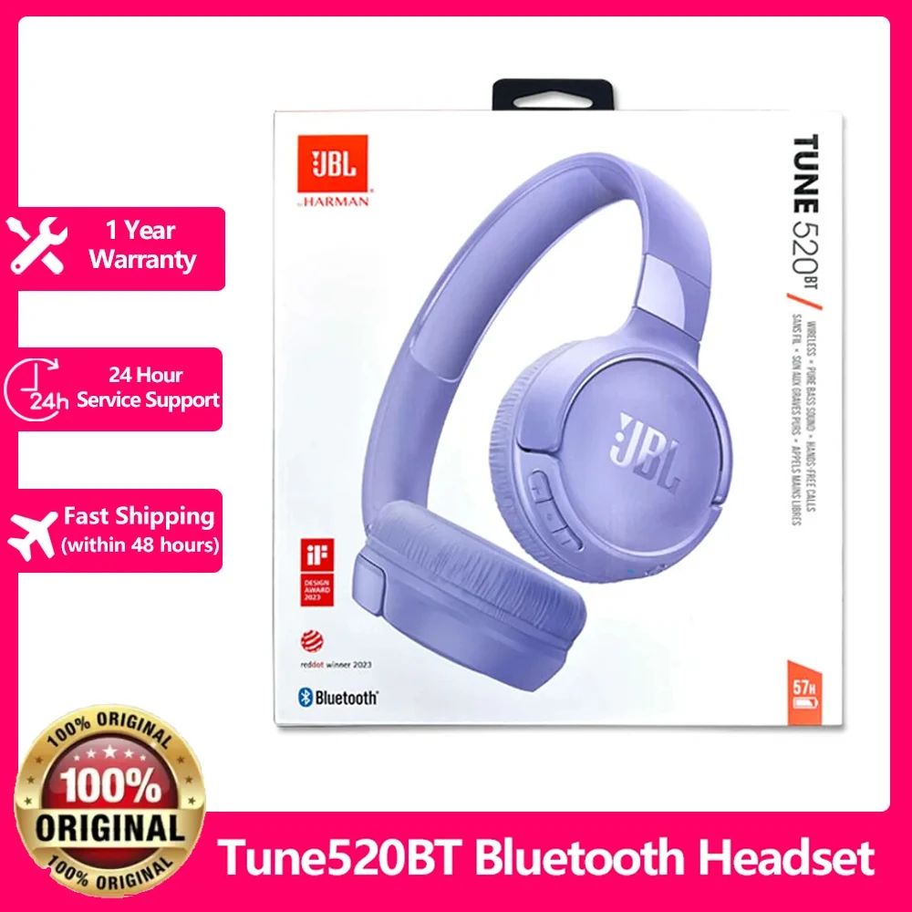 JBL-Écouteurs sans fil Bluetooth TUNE 520BT pour garçons et filles, 100% d'origine, casque de sport de musique avec microphone