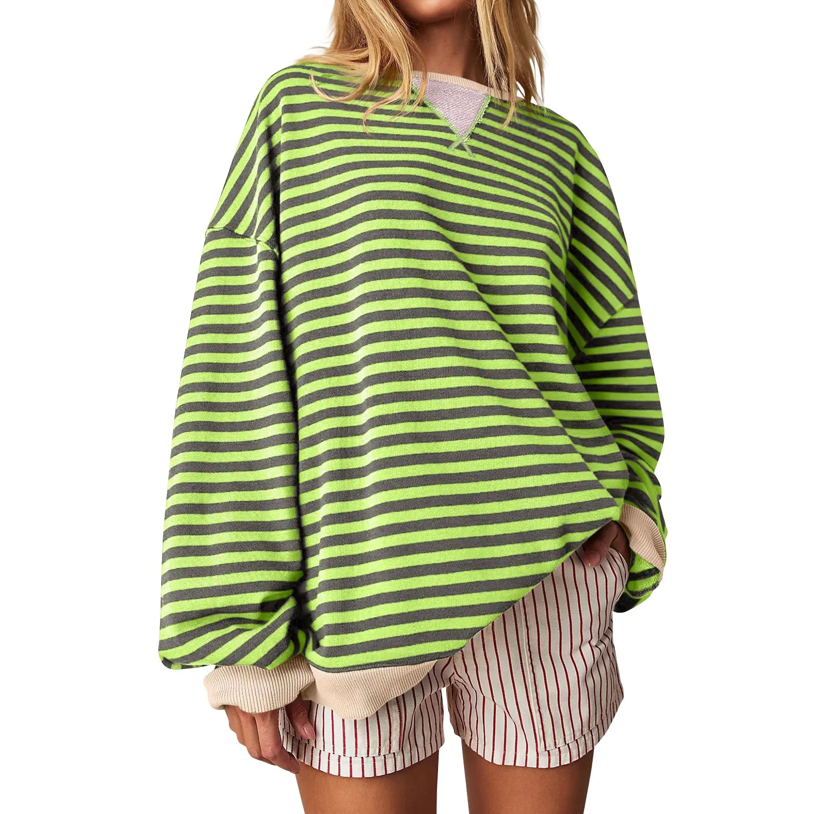 Women\'s Oversized Striped Color Blocking Long Sleeved Round Neck Sports Shirt Casual Loose Fitting Pullover Shirt Top