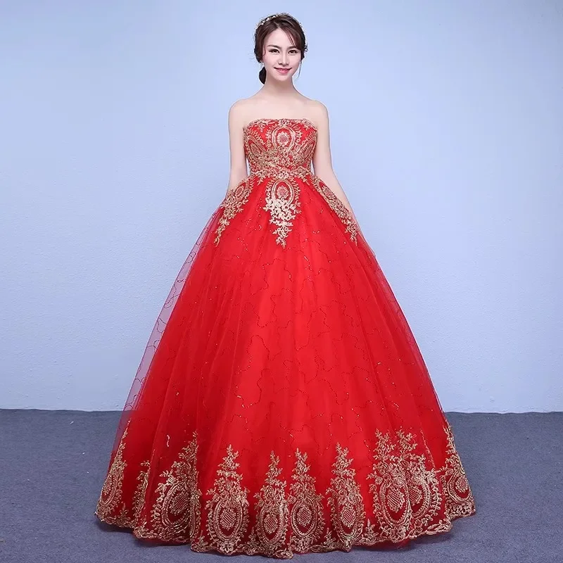 

Red Tulle Wedding Dresses Cheap Golden Appliques Strapless Lace up Princess Floor-length Plus size Simple Bride Ball Gowns XN092