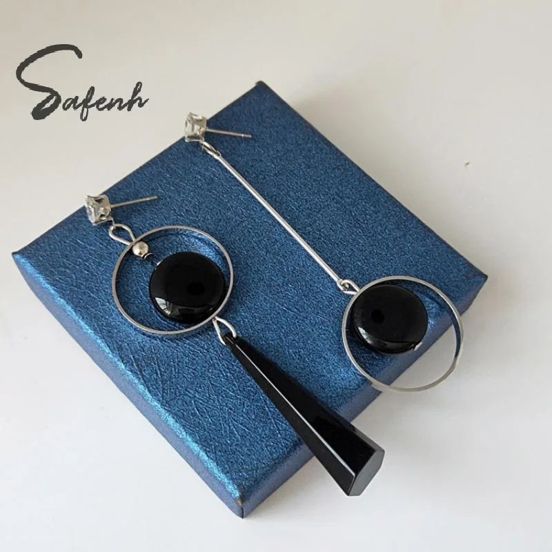 Black Rock Style Asymmetric Earrings for Women Hollow Crystal Geometric Dangle Design Chic Jewelry for Casual Outing