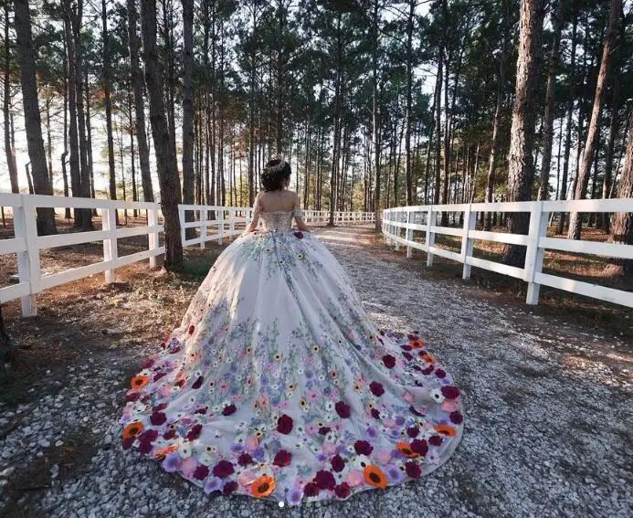 فستان بشراشيب مزين بالزهور مكشوف الكتفين ، فساتين Quinceanera الفاخرة ، مكشوف الكتفين ، الأميرة ، شارو ، الملكة ، 15 ، * * *