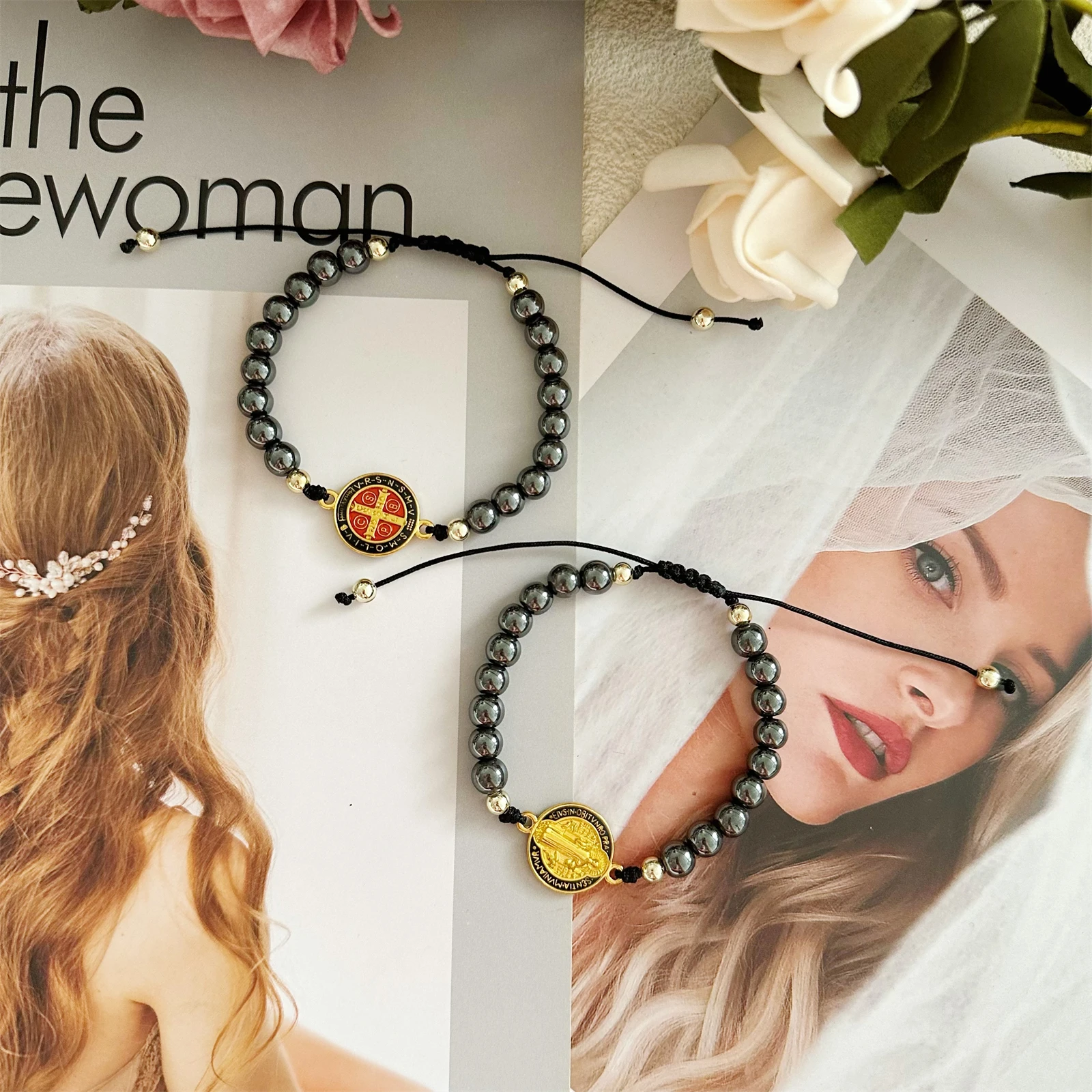 2 قطعة أساور سان بينيتو قابل للتعديل الهيماتيت سوار للنساء الرجال سانت بنديكت ميدالية قلادة حماية نعمة سحر