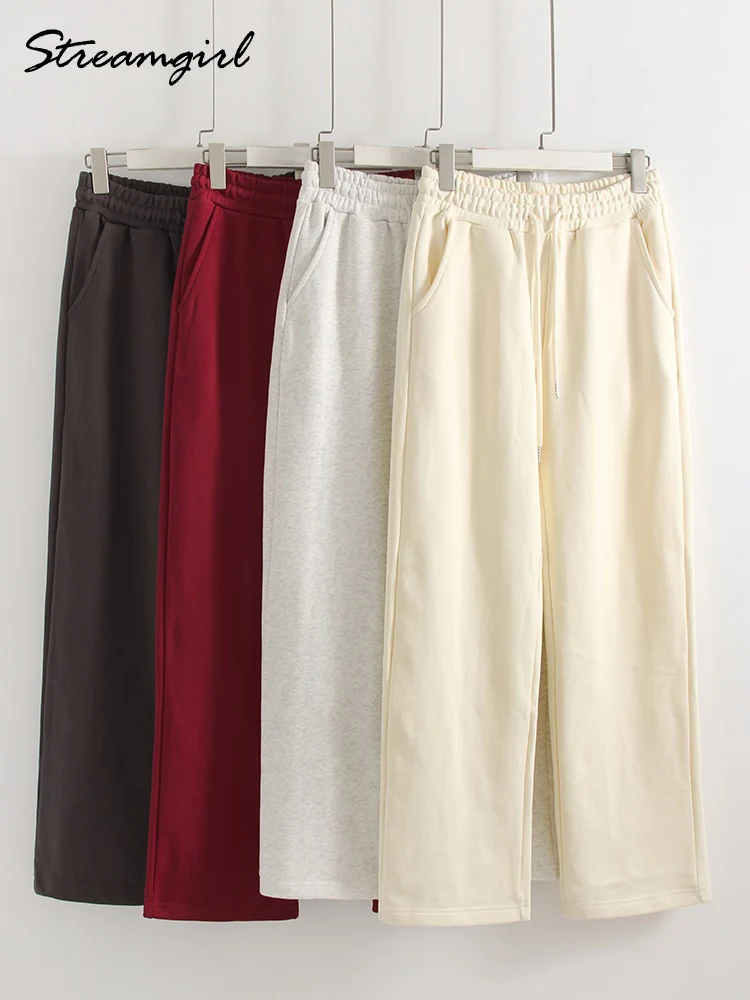 

Женские широкие спортивные брюки Streamgirl из хлопка, свободные, прямого кроя, с эластичным поясом, бордовые, бежевые, спортивные штаны женские, брюки на высокой талии
