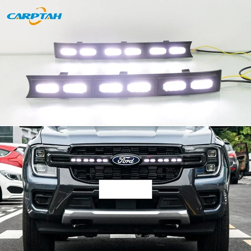 Car LED DRL 12V Daylights For Ford Ranger 2022 2023 2024 Middle net light Daytime Running Headlamps Auto Driving Lamp Foglamps