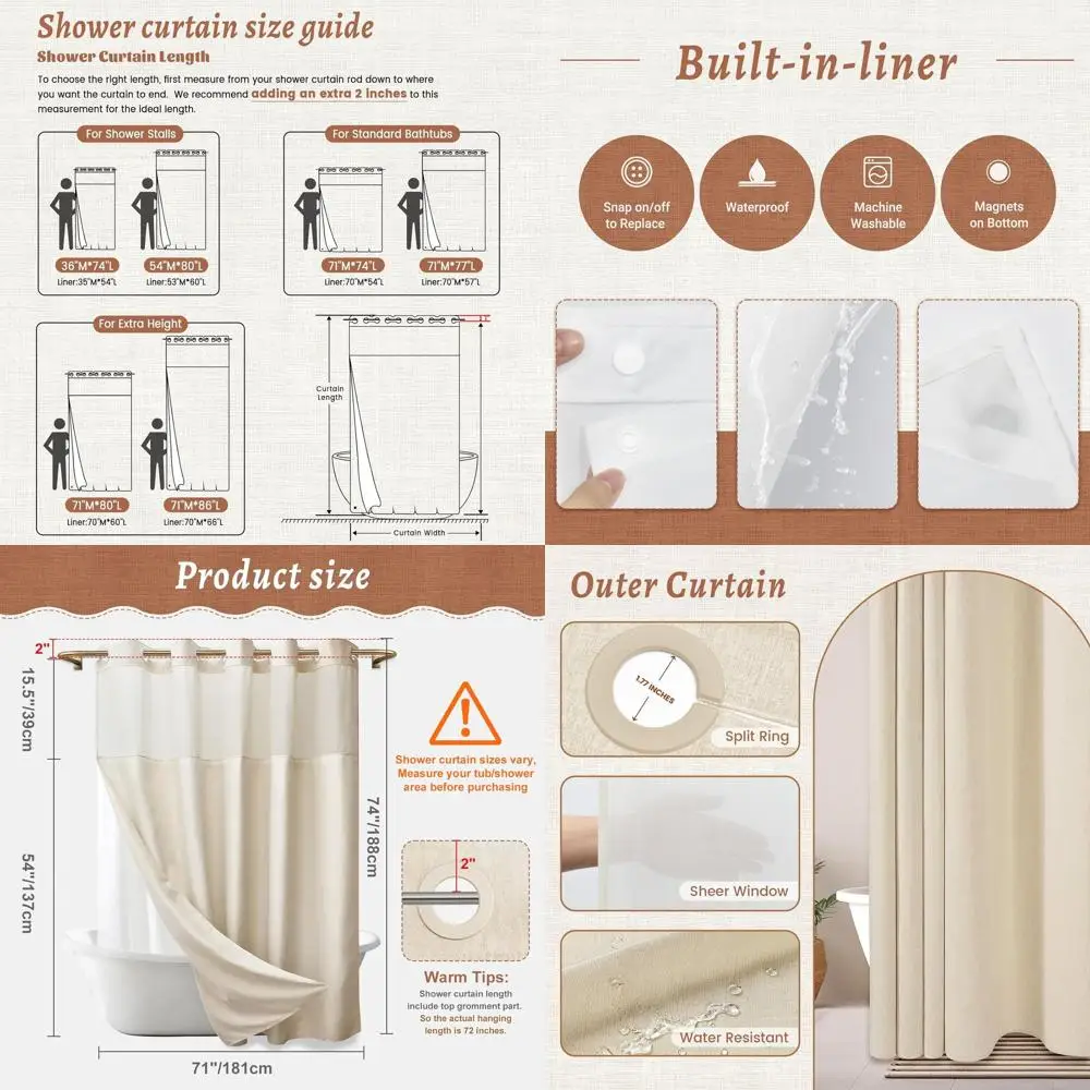 

Cream Polyester Shower Curtain with Snap-in Liner, Waterproof and Washable, Hotel Style, 71x80