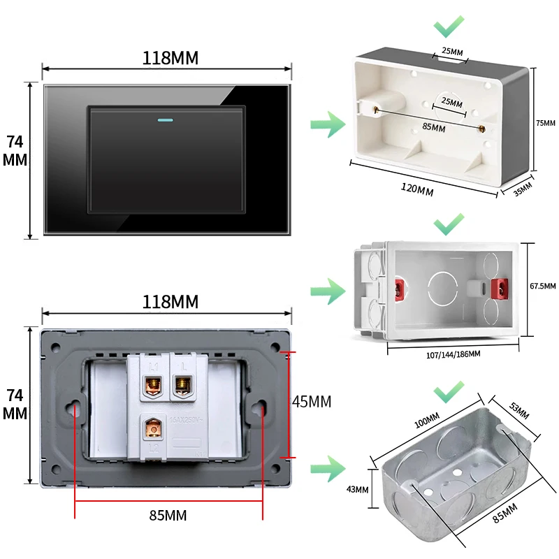 ELEGAN 118mm Black Tempered Glass panel Swiss-Brazil standard series 118*74mm wall computer combination socket switch