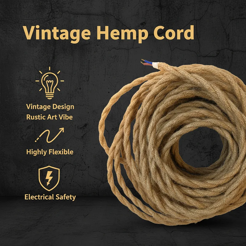 Lamp Wire, Jute Twisted Electrical Cord, Vintage Pendant Cable, DIY, 2 Core, Retro, Cafe Bar