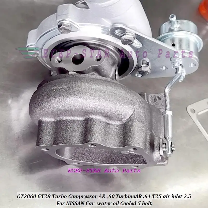 Turbo GT2860 GT28 GT28-5 Compressor AR 0.60 Turbine A/R 0.64 5-bolt T25 flange Journal Internal Wastegate 180-320HP Water Cooled