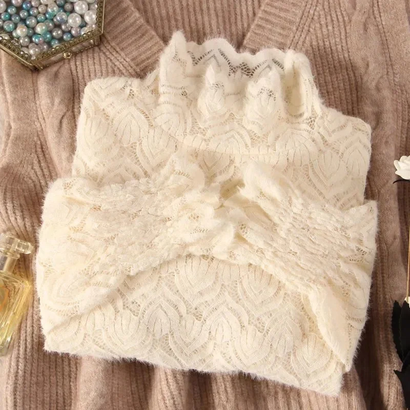 Half High Collar Lace Shirt Autumn And Winter New Brushed Shirt Mesh Top Plush Shirt Mother Warm Long Sleeve Top For Female LD