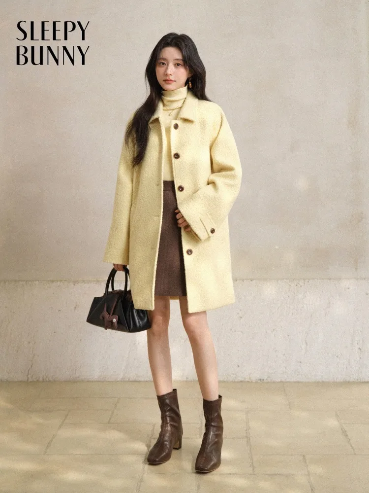 Single-Breasted Wool-Like Overcoat Women Lady Elegant Lapel Mid-Length Coat Warm Winter Outerwear Chic Classic Style Daily Wear