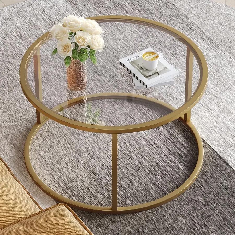 Small Glass Coffee Table Round Gold Coffee Table for Small Space Modern Simple Center Table with Gold Frame for Liv Customizable