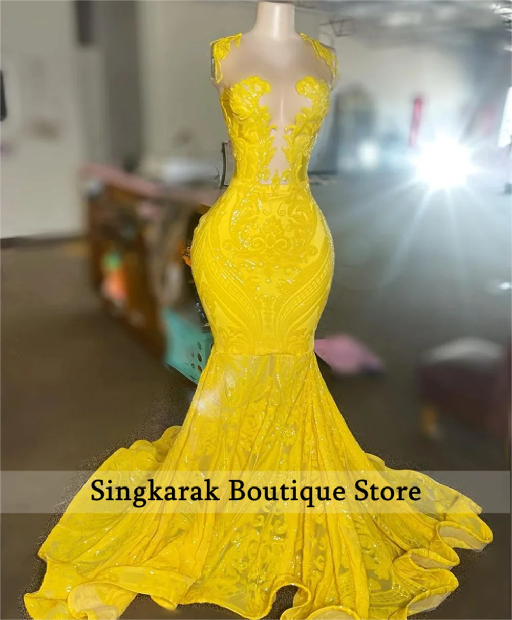 Robe De Bal De forme sirène, tenue De luxe, jaune, col transparent, paillettes scintillantes, pour fête d'anniversaire, pour filles noires, 2022