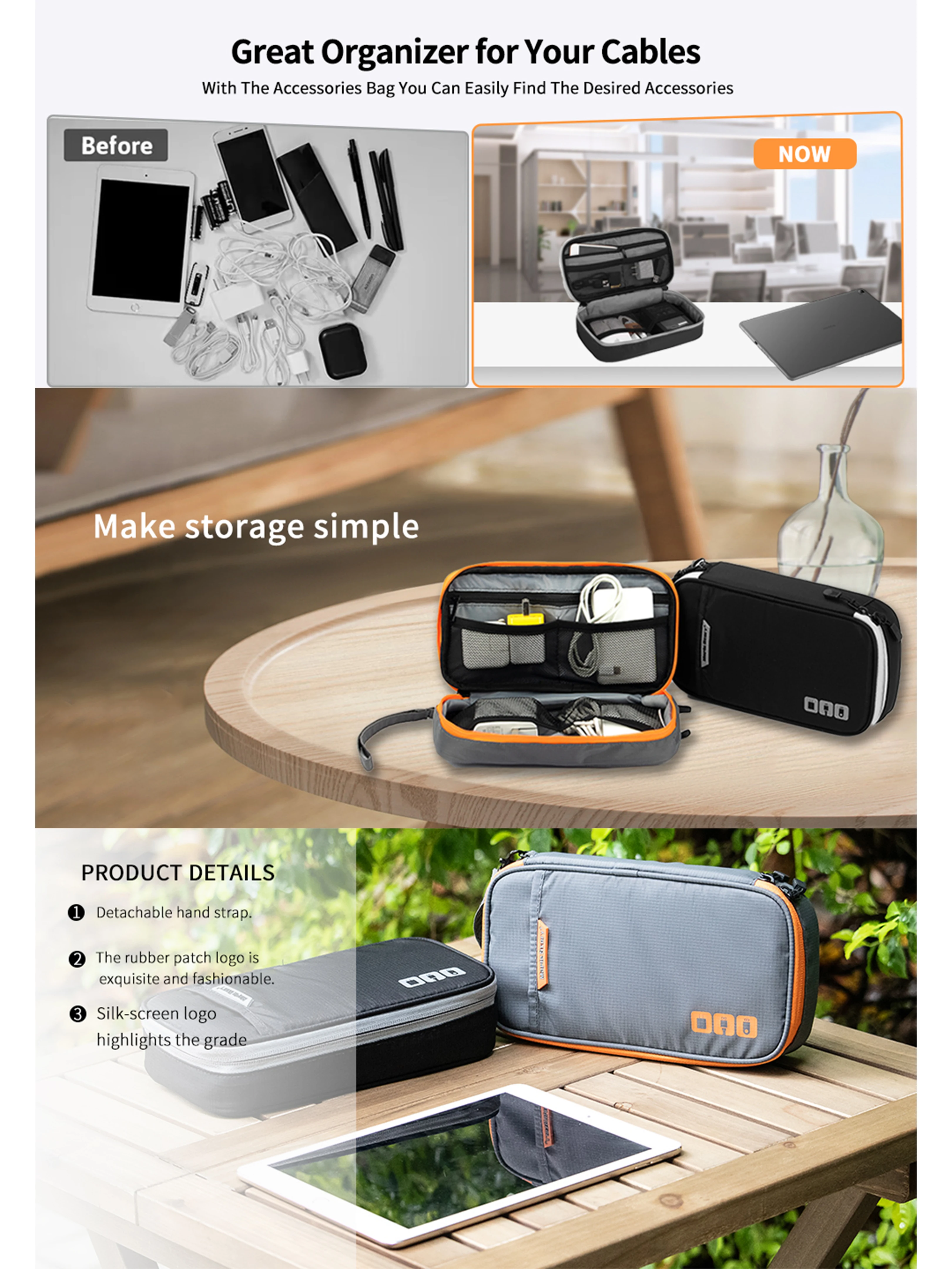 Reise-Kabel-Organizer-Tasche, Aufbewahrungstasche, Tragetasche, tragbar, wasserdicht, Aufbewahrungstaschen für USB-Ladekabel und Elektronik – Detail 1