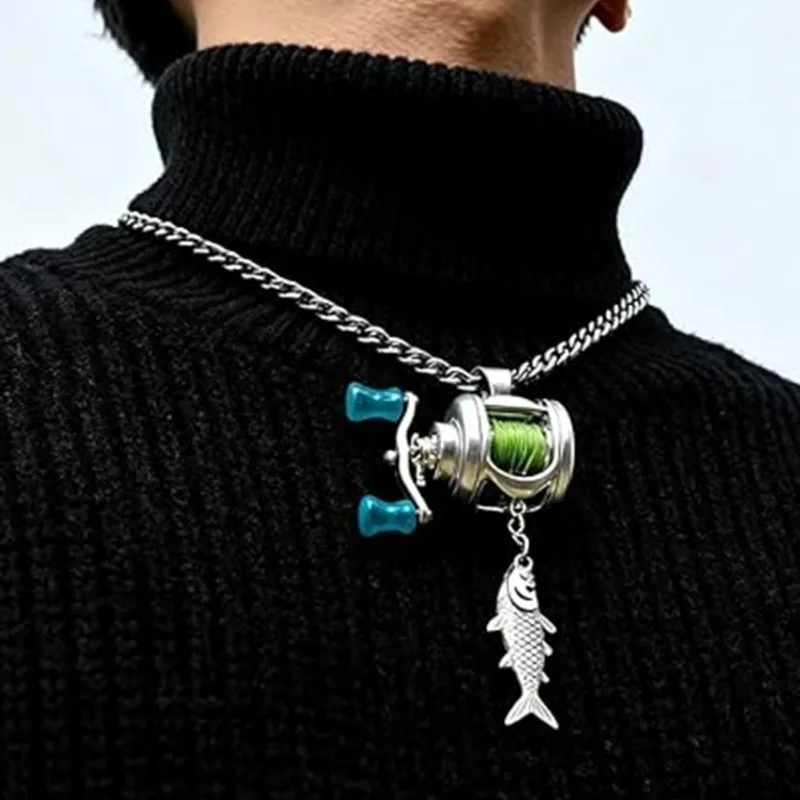 Quirky Mini Lure Fishing Reel Jewelry Set, Creative Fun Spinning Reel Pendant Necklace for Fishing Lovers, Unique Gift