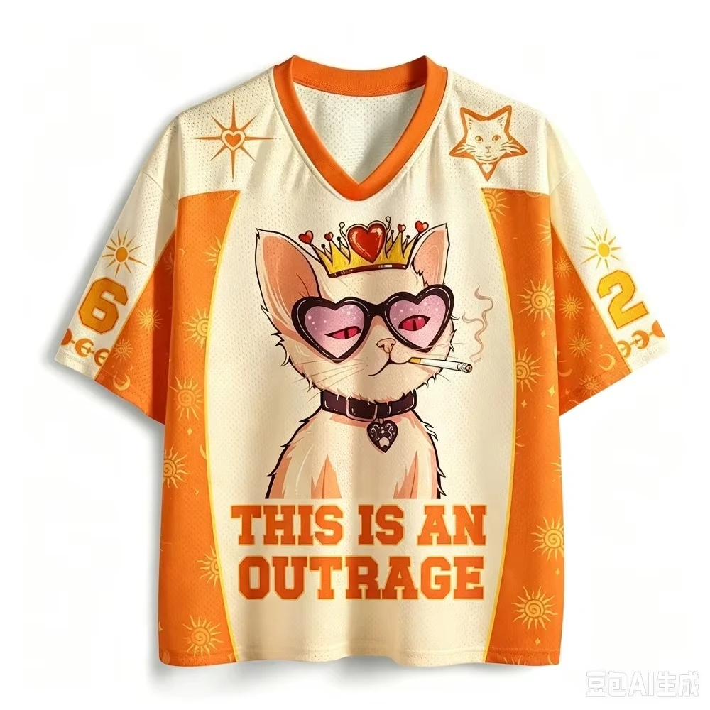 Crown Cat Heart Sunglasses Graphic Mesh Jersey V Neck Short Sleeve Loose Unisex Y2K Streetwear Hip Hop Sports Tee For Men Women