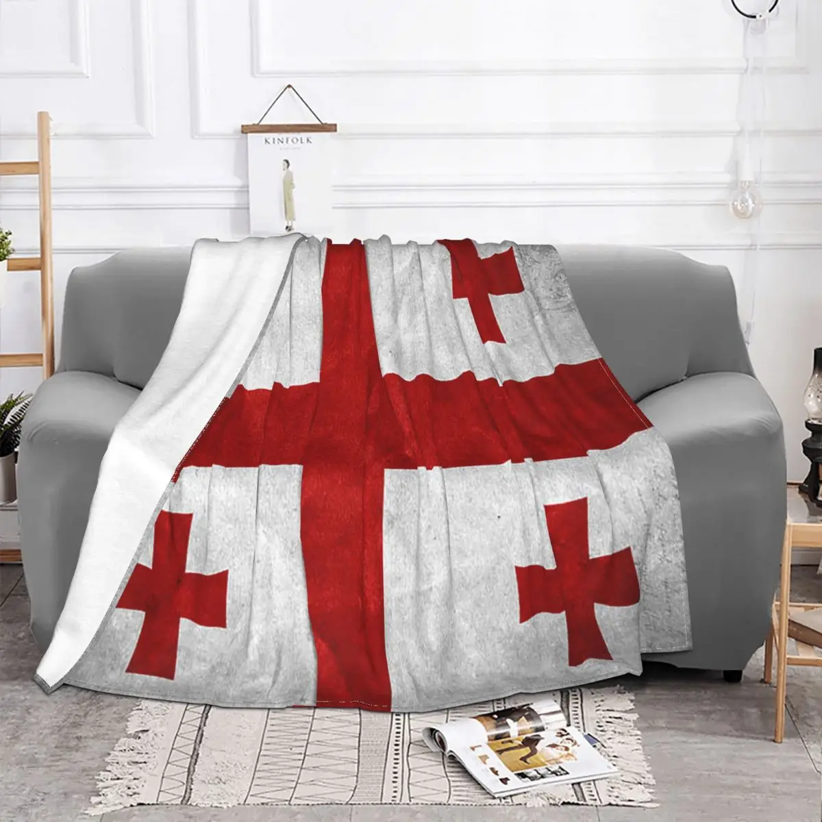 3 Print Georgia Grunge Flag Blanket Flannel Fall/Winter Red Cross Portable Lightweight Blanket For Bedding Car Plush Quilt