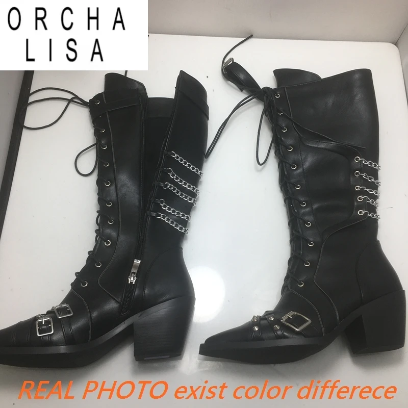 

Женские ботинки ORCHA LISA с острым носком на блочном каблуке 6,5 см, на шнуровке, декор 44 45 46, Performance Bota