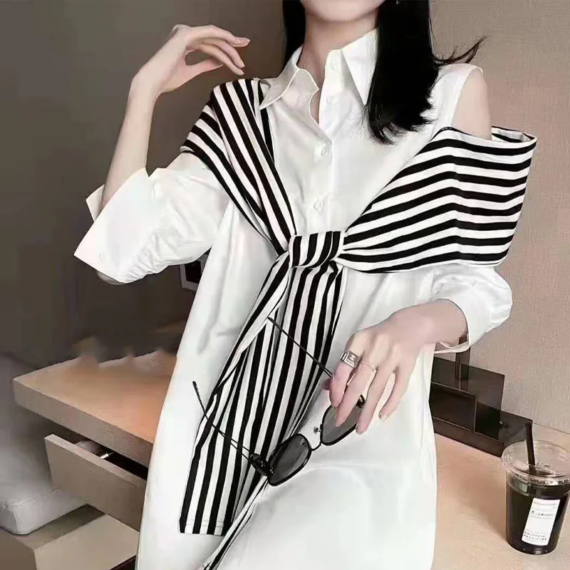 Korean Stylish Female Off Shoulder Spliced Solid Color Shirt Summer Striped Fake Two Pieces Casual Loose Blouse Women\'s Clothing