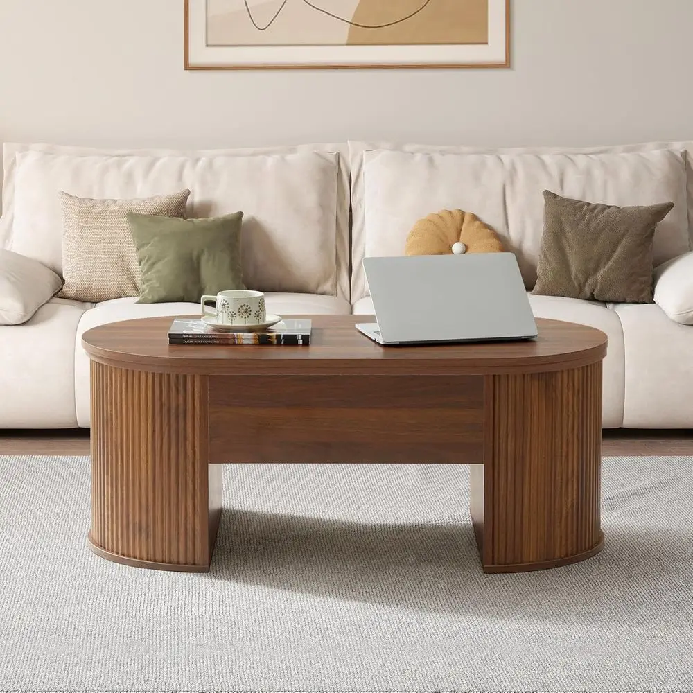 Elegant Oval Coffee Table with Lift-Top and Hidden Storage, Walnut Finish for Living Room Office
