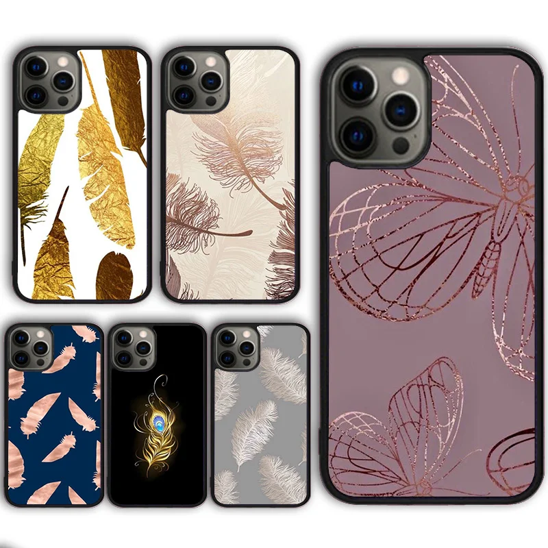 Feather Gold Foil Art Phone Case Cover for iPhone 16 15 SE2020 13 14 11 12 Mini Pro Max 6 7 8 Plus  coque fundas Shell