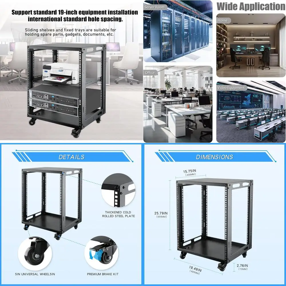 

Мобильная стойка-стойка для серверов 12U с колесами для сетевых серверов и AV-оборудования - черная
