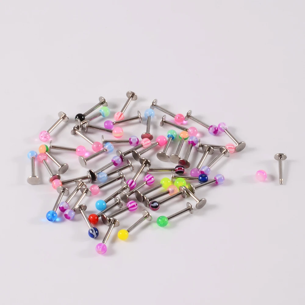 50pcs/Lot Acrylic Ball Mix Colors Labret Lip Ring Surgical Steel Simple Ear Cartilage Tragus Helix Daith Piercing Body Jewelry