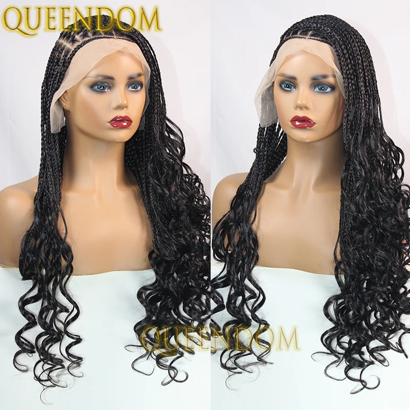 Synthetic Box Braided Wig 28 Inch Faux Locs French Curls Braid Wig with Curly End Full Lace Cornrow Braids Wig for African Women