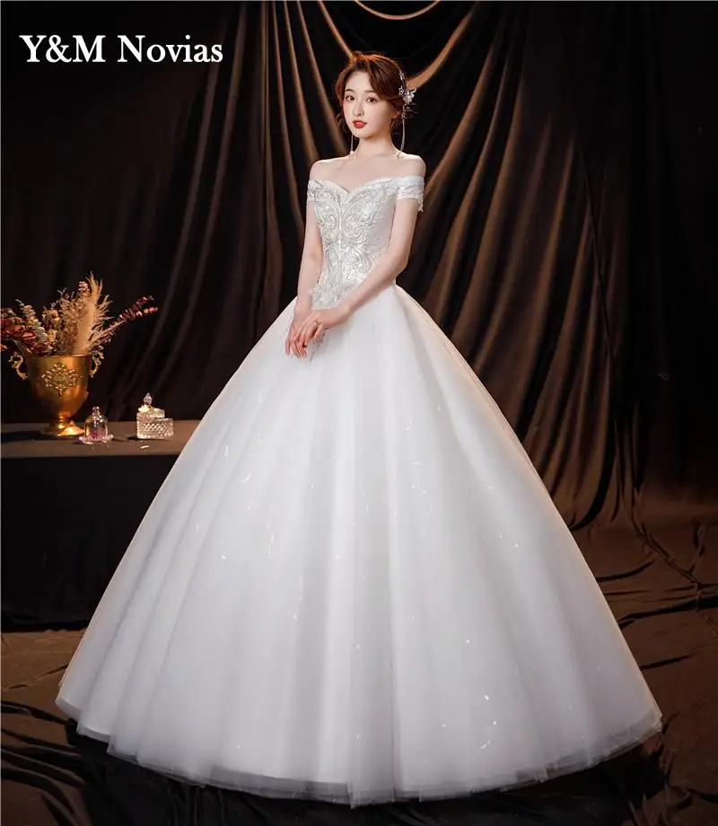 Vestido De novia con cuello Barco, traje De baile con hombros descubiertos, lentejuelas De lujo, talla grande, novedad De 2023