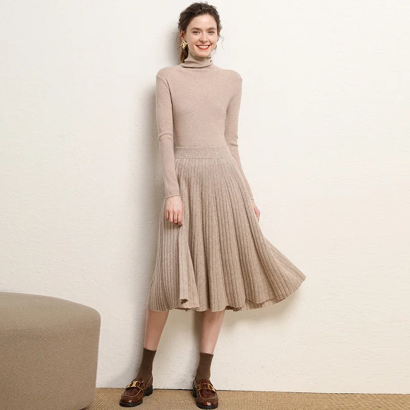 Kaszmirowa spódnica ze 100% wełny dla kobiet Spódnica jesienno-zimowa, plisowana spódnica z wysokim stanem, dzianinowa spódnica Wełniane spódnice