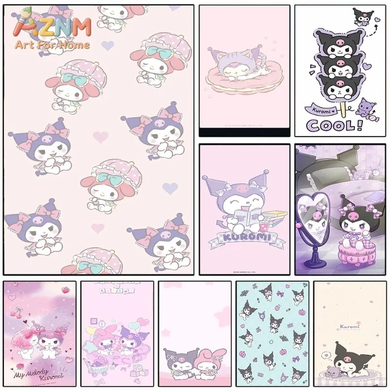 Sanrio Kuromi My Melody Seamless Pattern Canvas Wall Print No Frame Cute Cartoon Characters Pink Heart Pastel Girly Bedroom