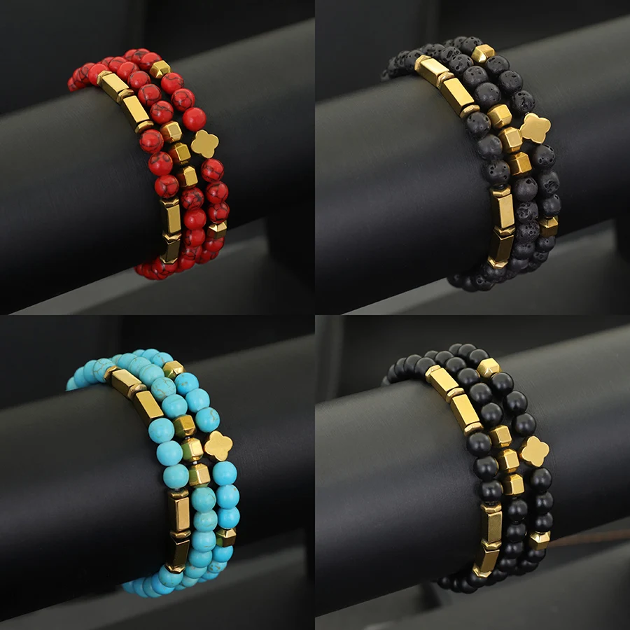 Noter Unique Men Bracelet Set 3Pcs Gold Color Hematite Stone Beaded Braslet Meditation Healing Jewelry Leisure Pulseria Hombre