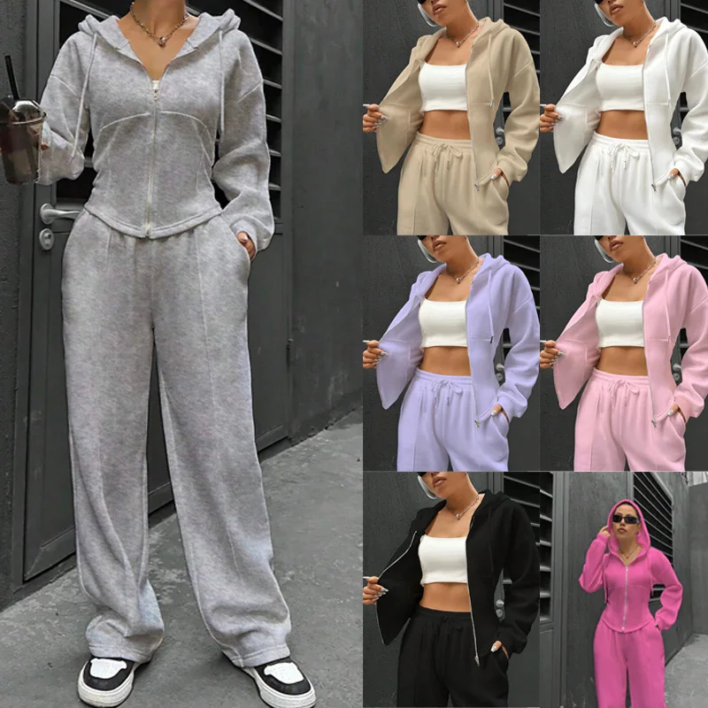 Spring Autumn Hooded Zip-Up Cardigan Slim 2-Piece Set Women's Casual