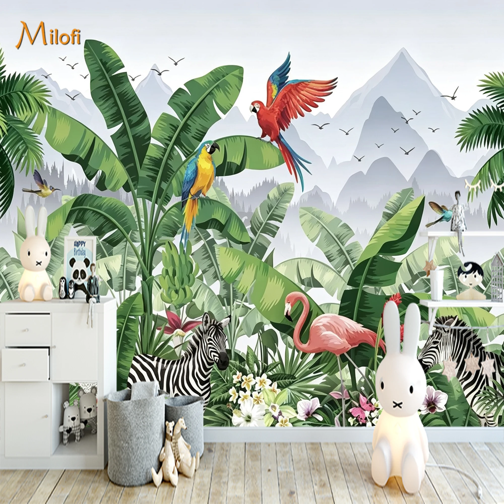 Custom Mural Wallpaper Tropical Jungle Animals Wall Mural, Parrot Flamingo Zebra Palm Leaf Wall Decor for Living Room Bedroom